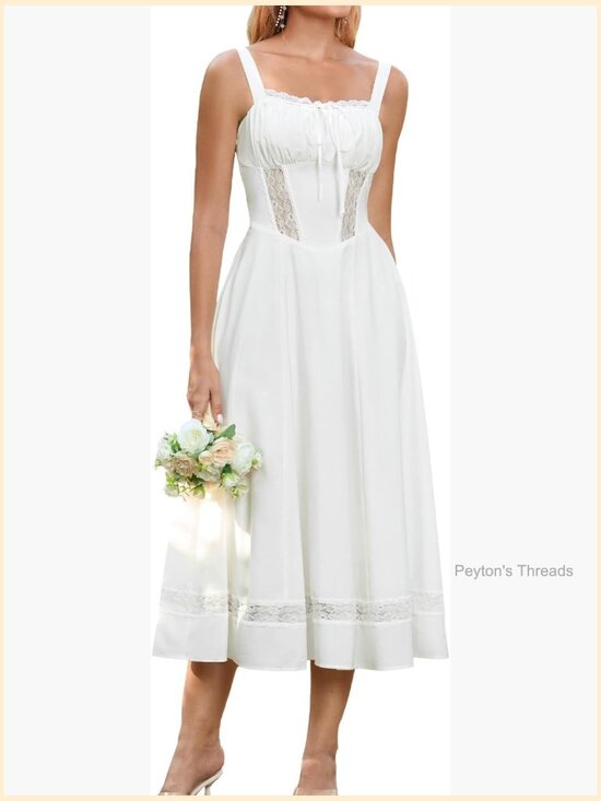 Dresses & Skirts - Corset Midi Wedding Guest Dress with Lace A-Line Flowy Smocked Back